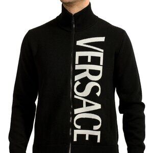 Versace Men's Wool Knitted Logo Print Full Zip Cardigan Sweater US L IT 52